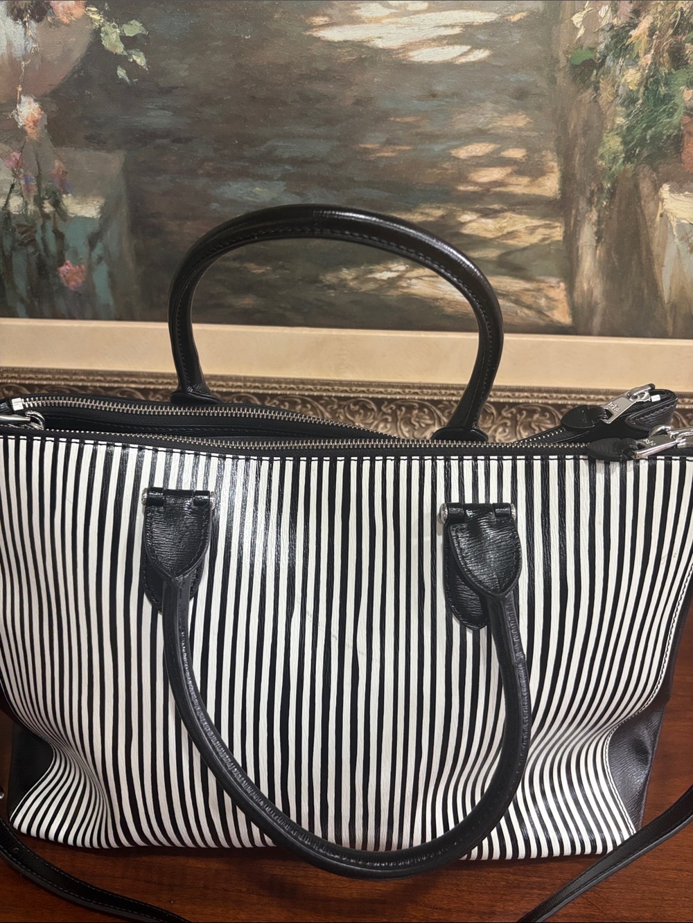 New Ralph Lauren Black & White Striped Tote with Leather Trim - Picture 4 of 5